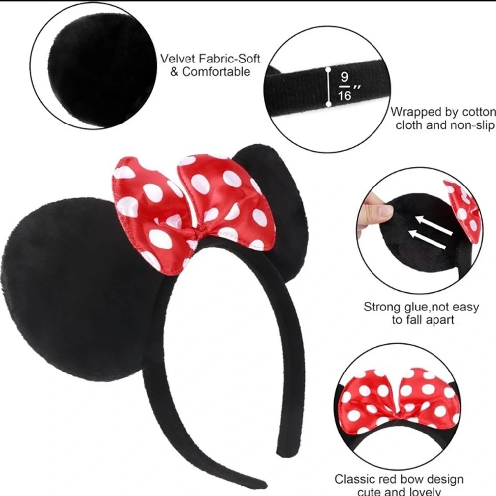 8x Minnie Mouse Ears Headband Classic Solid Black & Red Bow Ears Birthday party